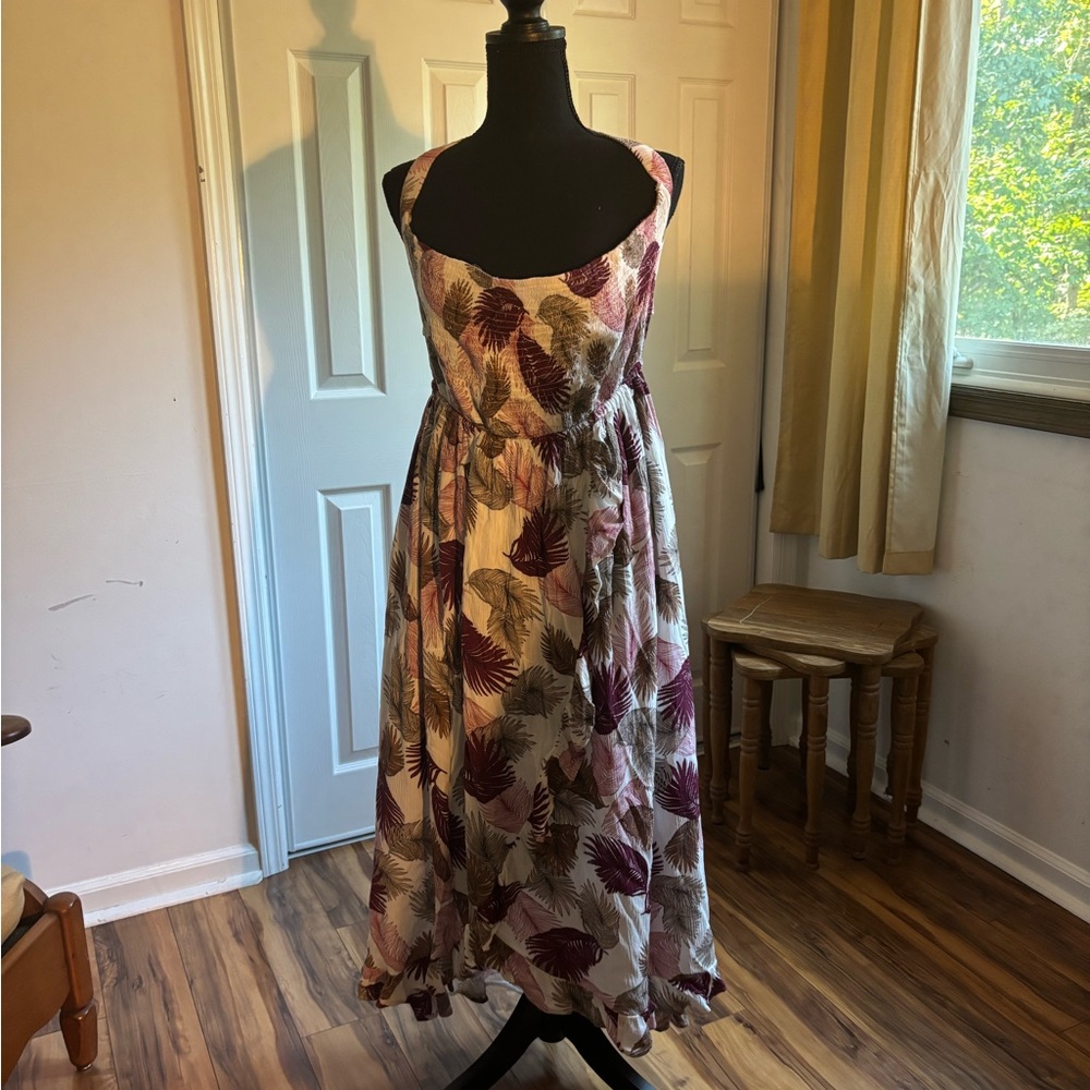 CBR Burgundy and Cream Leaf Print Midi Dress